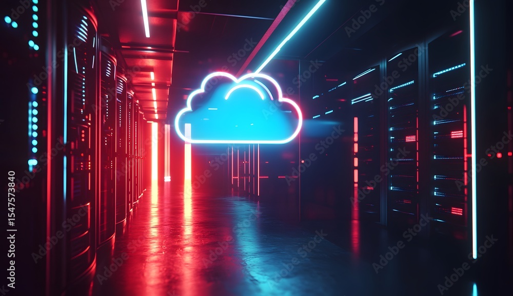 Poster 3d rendering of a cloud icon floating above rows of server equipment in a data center with glowing b