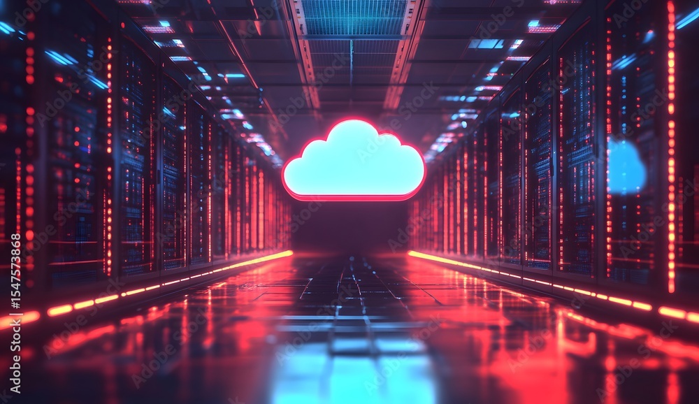 Poster 3d rendering of a cloud icon floating above rows of server equipment in a data center with glowing b