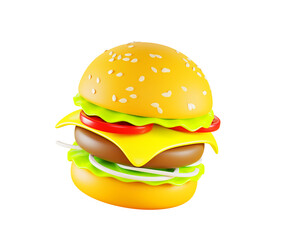 Burger or hamburger 3d render icon. Fast food, sandwich of sesame seed bun with beef patty grilled, meat, cheese, tomato, onion, lettuce isolated on background. Cartoon design, banner