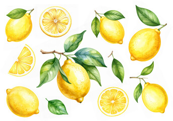 Set Of Lemon With Leafs And Slices In Watercolor Style