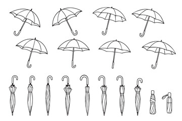 Set of open and closed umbrellas in doodle style. Hand drawn umbrellas. Vector illustration on white background. Vector