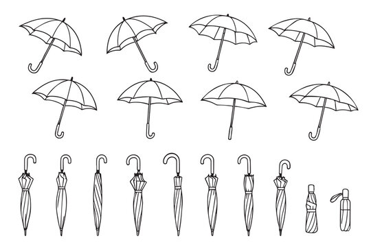 Set of open and closed umbrellas in doodle style. Hand drawn umbrellas. Vector illustration on white background. Vector