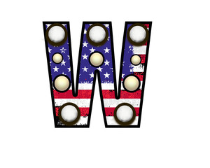 Letter W with American flag and marquee lights
