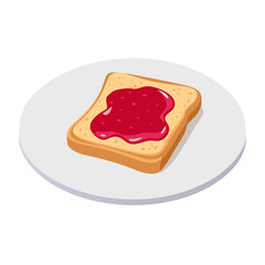 Toast Slice with Raspberry Jam on Plate Flat Vector Illustration