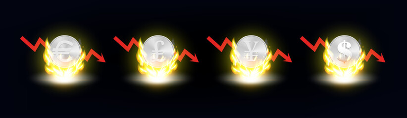 Vector set of coins of different world currencies in bright flame. Falling red arrow. Global financial and economic crisis. Business icons collection. Dark background