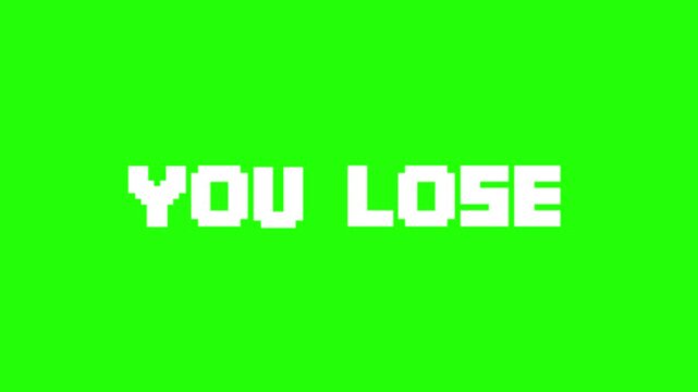 Pixel art YOU LOSE text, Retro game lose animation, 8-bit defeat screen, Arcade game message, Green pixel background, Game over text, Animated loss display, You lose animation for retro games, video.