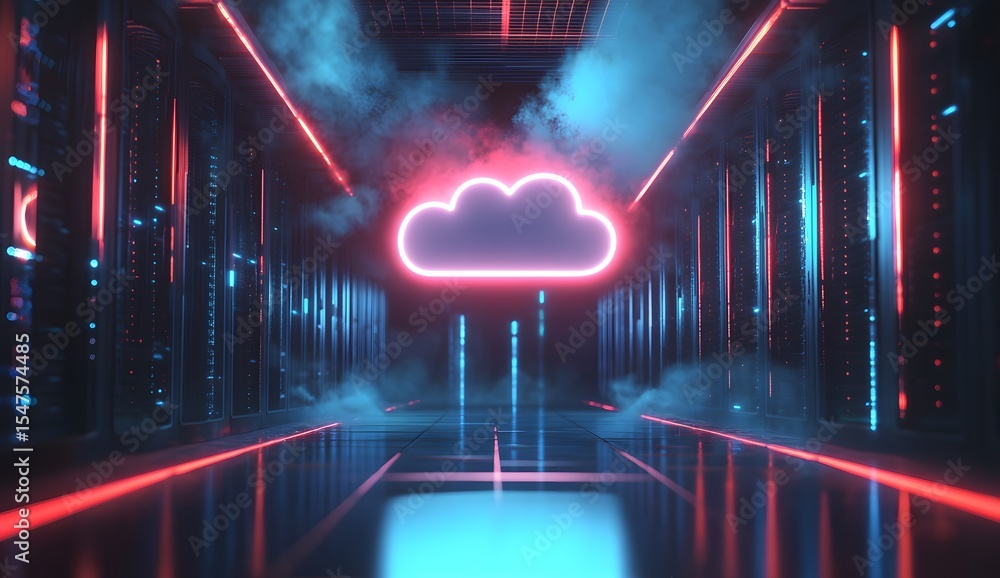 Poster 3d rendering of a cloud icon floating above rows of server equipment in a data center with glowing b