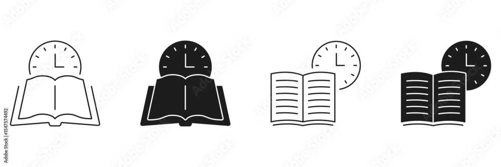 Poster open book with clock line and solid icon set. time management, study scheduling, and reading plannin
