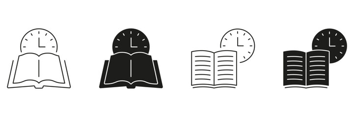 Open Book With Clock Line And Solid Icon Set. Time Management, Study Scheduling, And Reading Planning Symbol Collection. Educational And Productivity Concept. Isolated Vector Illustration