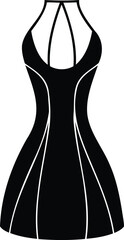 Black halter neck dress with white trim on a white background