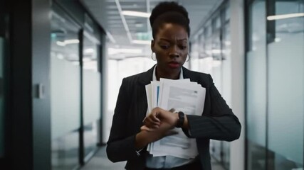 Black woman, walking and watch with documents for deadline, rush or schedule in office building. Young African or stressed business employee checking time on wristwatch with paperwork at workplace - Powered by Adobe