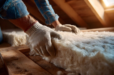 Worker installs thermal insulation in house attic with glass wool. Heat, energy saving house improvement work. Hands in gloves install material for warmer home interior. Insulation of roof.