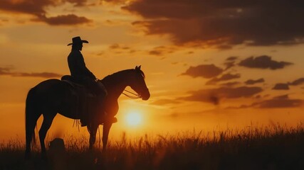 Silhouette of a cowboy on a horse against the sunset sky, during the golden hour. A wild west scene. - Powered by Adobe