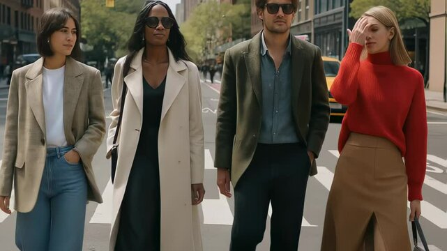 Four friends in mixed layers stroll striped crosswalk, group style shows unity and trend, passing taxis frame group style energy, onlookers admire group style statement. concept social trend