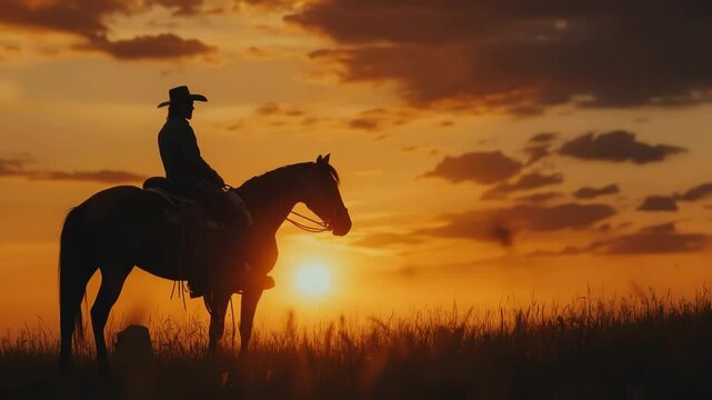 Silhouette of a cowboy on a horse against the sunset sky, during the golden hour. A wild west scene.