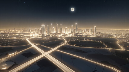 Illuminated night cityscape featuring glowing skyscrapers and a network of roads under a full moon in the night sky.