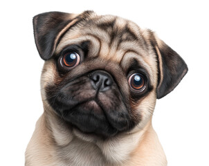 Fawn pug with head tilt and wide brown eyes image isolated transparent. Innocent look pup short muzzle. Wrinkled puppy cut out photo png. Pet domestic animal cutout photography