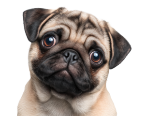 Fawn pug with head tilt and wide brown eyes image isolated transparent. Innocent look pup short muzzle. Wrinkled puppy cut out photo png. Pet domestic animal cutout photography