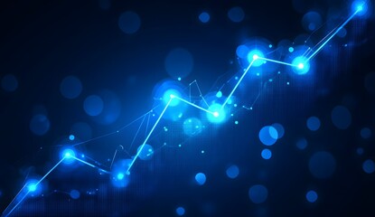 A blue background with glowing data points and an upward-trending line graph, representing stock market growth or business success in the style of digital art. 