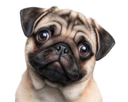Fawn pug with head tilt and wide brown eyes image isolated transparent. Innocent look pup short muzzle. Wrinkled puppy cut out photo png. Pet domestic animal cutout photography