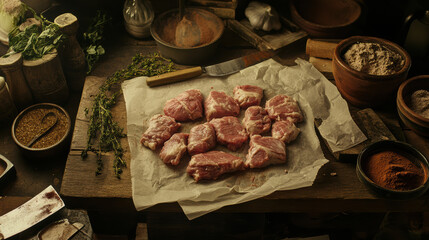 A butchers block covered with raw pork cutlets being portioned, surrounded by paper wrap, cleavers, and seasoning bowls 