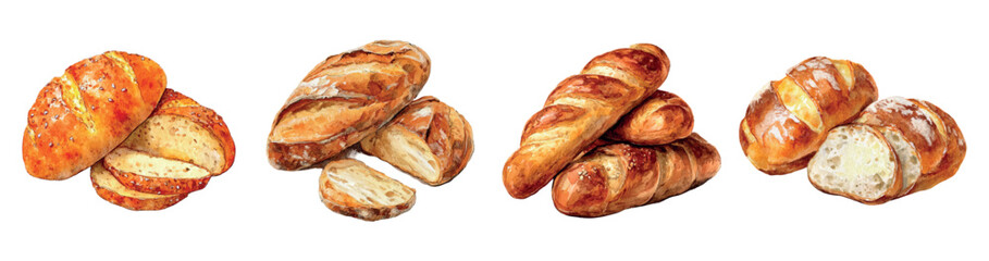 Set of fragrant bread with golden crust png. Watercolor baked bread, loaf, baguette. Concept of wheat products, baking bread etc. bakery products. Vector illustration.