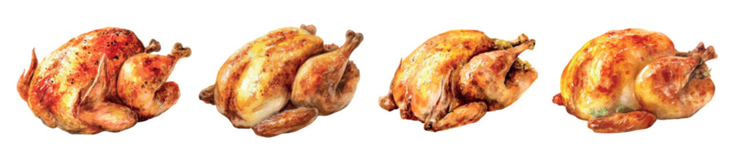 Watercolor set of baked turkey or chicken png. Roasted poultry with golden crust and spices. Main meat dishes for Thanksgiving, Christmas and others. Holiday dishes.