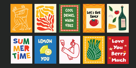 Trendy summer designs combining fun typography with delicious produce – lemons, tomatoes, flowers and more – ideal for social media or poster templates.