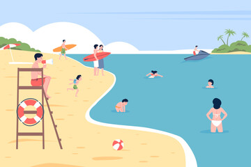 Lifeguard on beach watching swimmers. Adults children swimming in sea. Seasonal beachside with lifesaver on tower, rescue with lifebuoy, recent vector scene