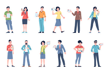 Fototapeta premium People show paper documents. Adults hold passport, identity card, educational or courses certificate. Different personal id, recent vector characters