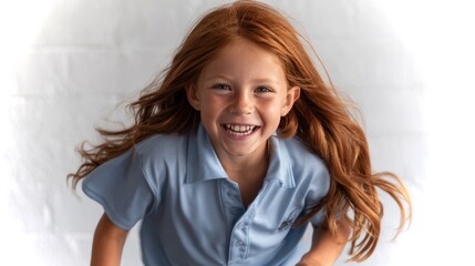 Joyful red-haired girl playing with a dodging tag in a bright, cheerful space