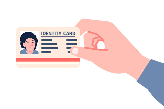 Hand show id card. Person hold personal document for pass border control, office or work entry, identification. Passport, documents, recent vector element