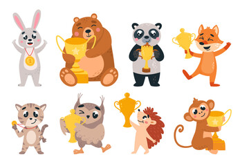 Wild animal with golden trophy. Panda bear fox monkey holding prizes, cups and medals. Funny animals winners in different competitions, classy vector characters
