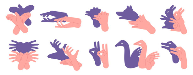 Animal shadow gestures. Hands theater, human hand show different animals. Theatrical arm and fingers gesture, shadows imagination, racy vector set