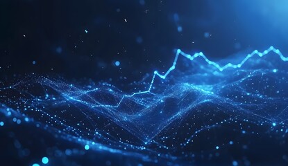 A blue background with glowing data points and an upward-trending line graph, representing stock market growth or business success in the style of digital art.