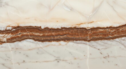 Close up of a white and brown marble texture with a horizontal band across the center of the image