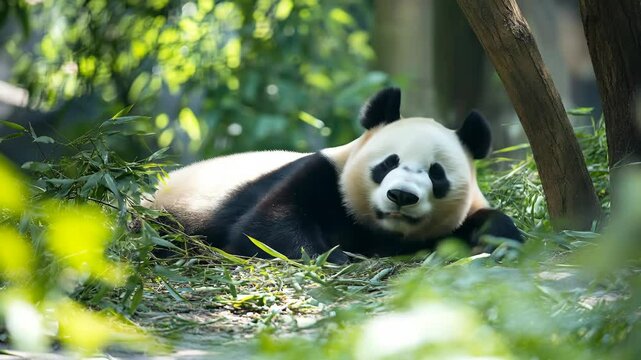 Giant panda lying peacefully among bamboo plants in natural habitat, displaying characteristic black and white fur pattern in lush green environment.