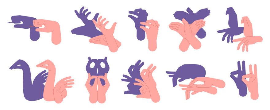 Hand shadow theater. Theatrical gestures, human hands shows different animal. Animals silhouettes for children puppet show, racy vector set