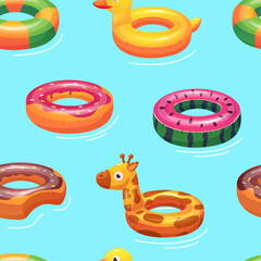 Rubber rings seamless pattern. Summer beach accessories, inflatable circles different shapes. Bright print for fabric wrapping wallpaper, nowaday vector background