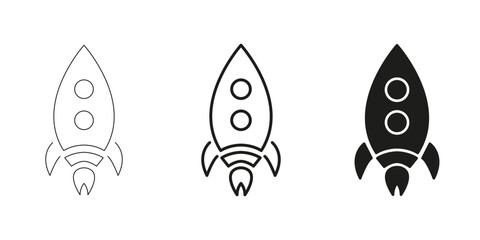 Rocket Ship Icons In Line, Outline, And Glyph Icon Set. Space Exploration And Innovation Symbol Collection. Ideal For Aerospace, Technology, And Startup Themes. Isolated Vector Illustration