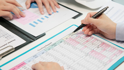 Expert woman asian people discuss review data number costing managerial account prepare monthly...