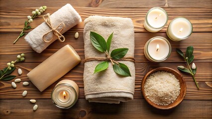 Spa Accessories Flatlay Beige Towel, Lotion, Soap, and Candle