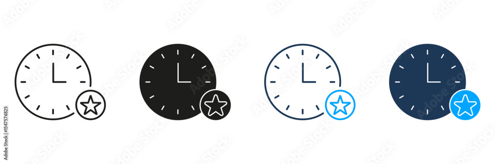 Poster clock with star line and solid icon set. time management, priority setting, and scheduling symbol co