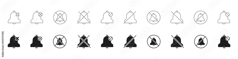 Poster bell notification off icon set. silent mode, mute alerts, and do not disturb outline and solid symbo