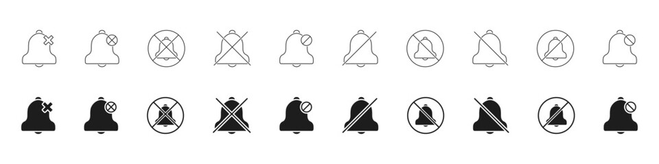 Bell Notification Off Icon Set. Silent Mode, Mute Alerts, And Do Not Disturb Outline And Solid Symbol Collection. Notification Management And Sound Control. Isolated Vector Illustration