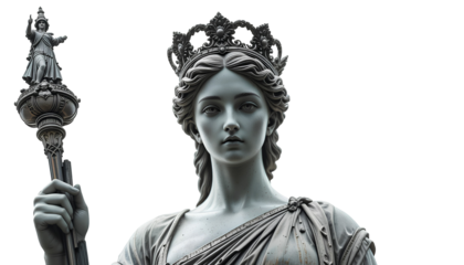 Close-Up of Justitia Statue Front View Isolated on Transparent Background – Lady Justice PNG