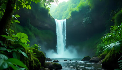 Lush Rainforest Waterfall with Vibrant Green Foliage in High Detail