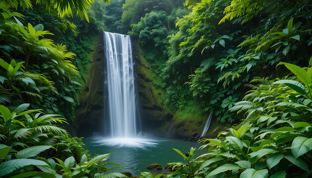 Lush Rainforest Waterfall with Vibrant Green Foliage in High Detail