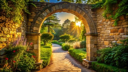 Fototapeta premium Sunlit Stone Archway Leading to a Garden Path