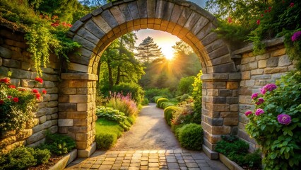 Fototapeta premium Sunlit Stone Archway Leading to a Garden Path